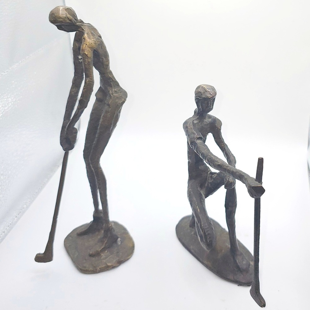 Vintage Pier 1 Pair of Metal Golfer‎ Statues - Male And Female Forms